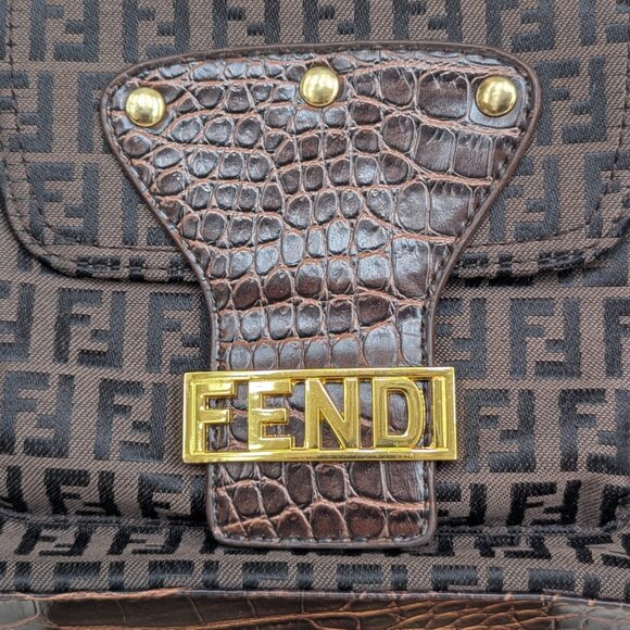 Vintage Fendi Zucca Canvas & Croc Embossed Leather Shoulder Bag - Picture 2 of 9
